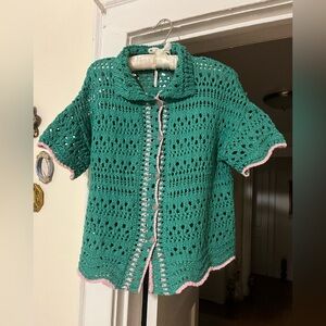 Free People Green Crochet Cardigan with Pink Accents